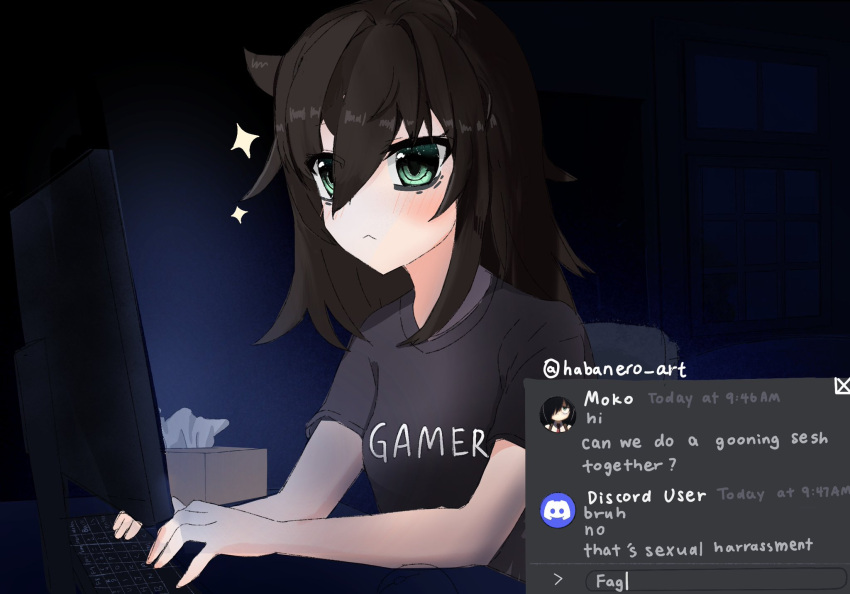 1girl, black_hair, black_shirt, computer, discord, female, green_eyes, habanero_art