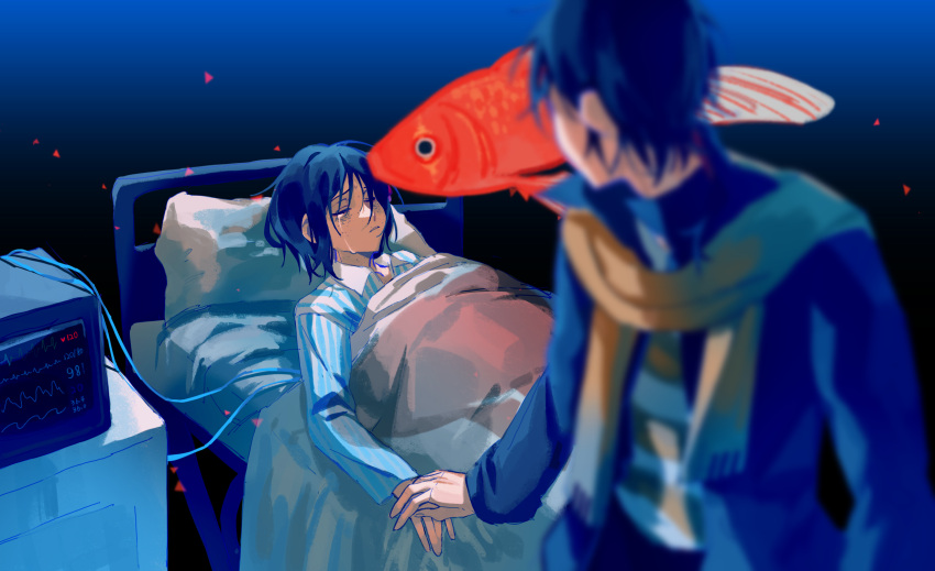 2boys, bed, blue_hair, blue_jacket, blurry, blurry_foreground, collared_shirt, crying