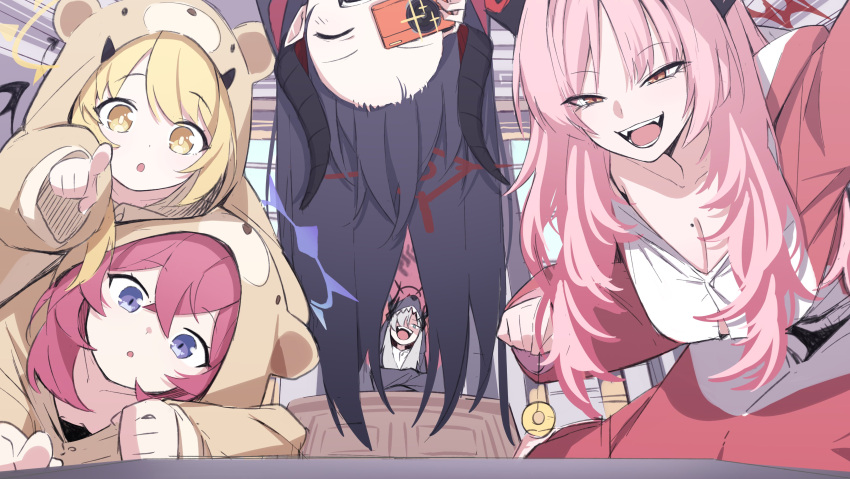 5girls, absurdres, alternate_costume, black_hair, black_horns, blonde_hair, blue_archive, breasts
