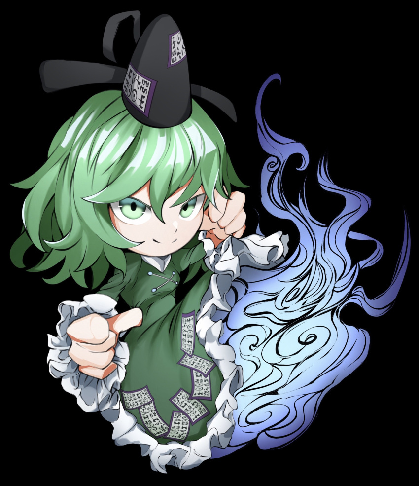 1girl, absurdres, black_hat, chibi, closed_mouth, dress, frilled_dress, frills