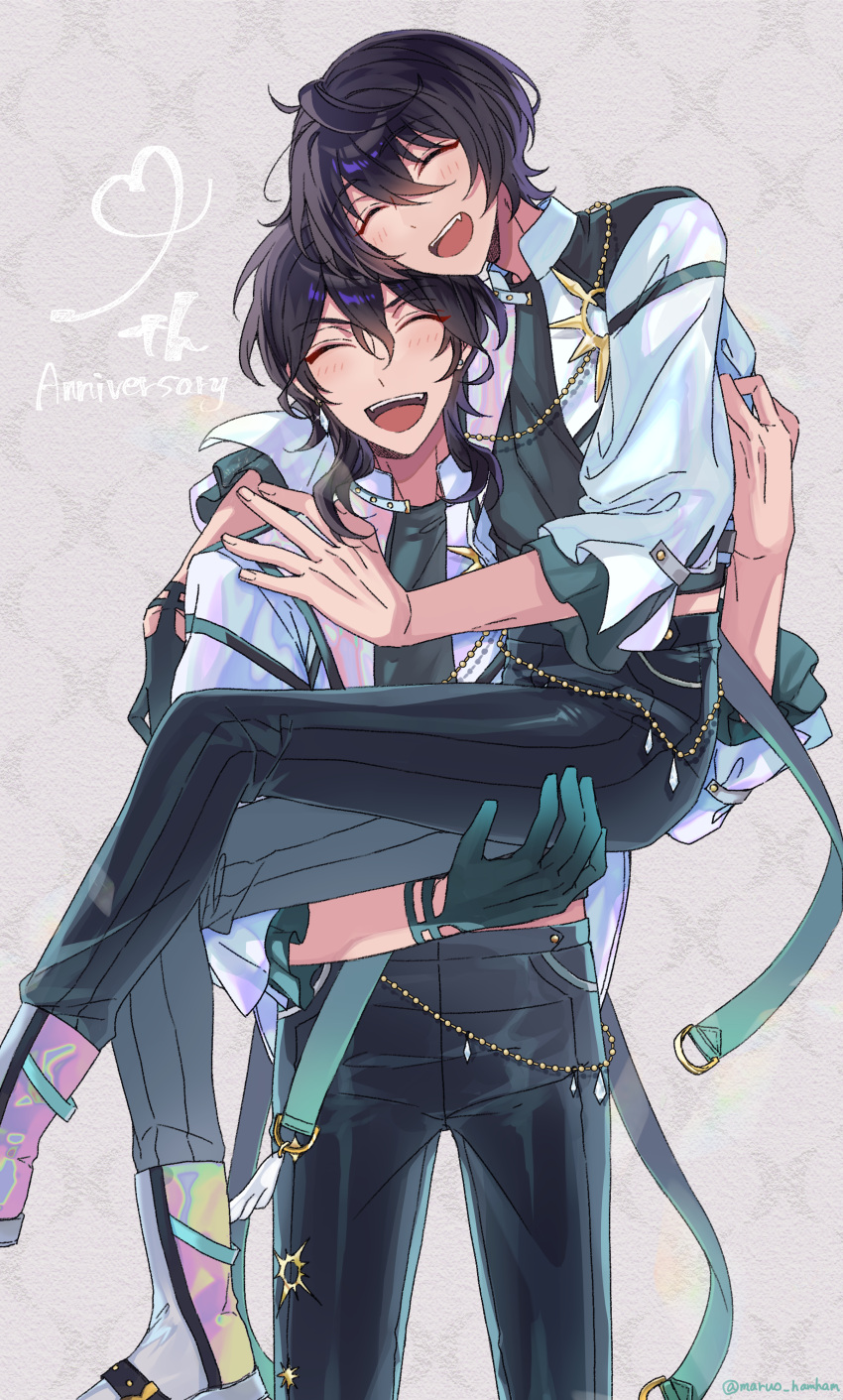 2boys, :d, ^_^, absurdres, anniversary, artist_name, bishounen, black_hair