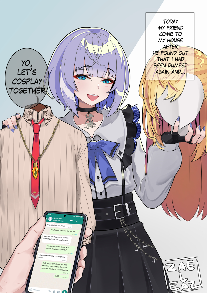 2boys, artist_logo, black_choker, black_gloves, black_skirt, blonde_hair, blue_bow, blue_bowtie, blue_eyes, blunt_bangs, bow, bowtie, brown_shirt, cellphone, choker, collared_shirt, commentary, cosplay, crossdressing, english_commentary, english_text, fingerless_gloves, gloves, hands_up, high-waist_skirt, holding, holding_phone, hololive, hololive_indonesia, indonesian_text, jaheterbang, jirai_kei, kaela_kovalskia, kaela_kovalskia_(business_casual), long_hair, long_sleeves, male_focus, multiple_boys, necktie, open_mouth, pendant_choker, phone, pleated_skirt, pov, pov_hands, purple_hair, purple_nails, red_necktie, ribbed_shirt, shirt, short_hair, skirt, smartphone, solo_focus, speech_bubble, teeth, text_messaging, translation_request, unworn_wig, upper_teeth_only, vestia_zeta, vestia_zeta_(cosplay), vestia_zeta_(jirai_kei), virtual_youtuber, whatsapp, wig
