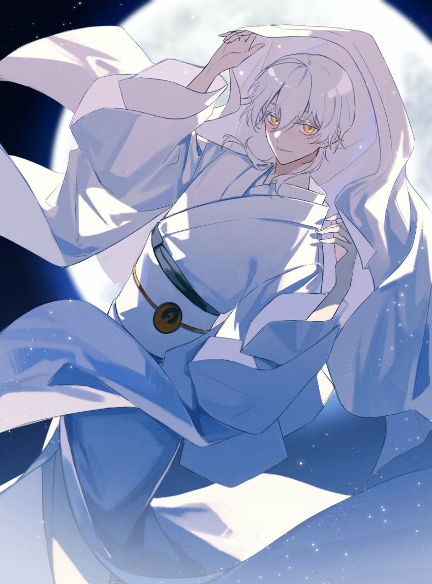 1boy, absurdres, bishounen, blue_kimono, colored_eyelashes, feet_out_of_frame, full_moon, hair_between_eyes
