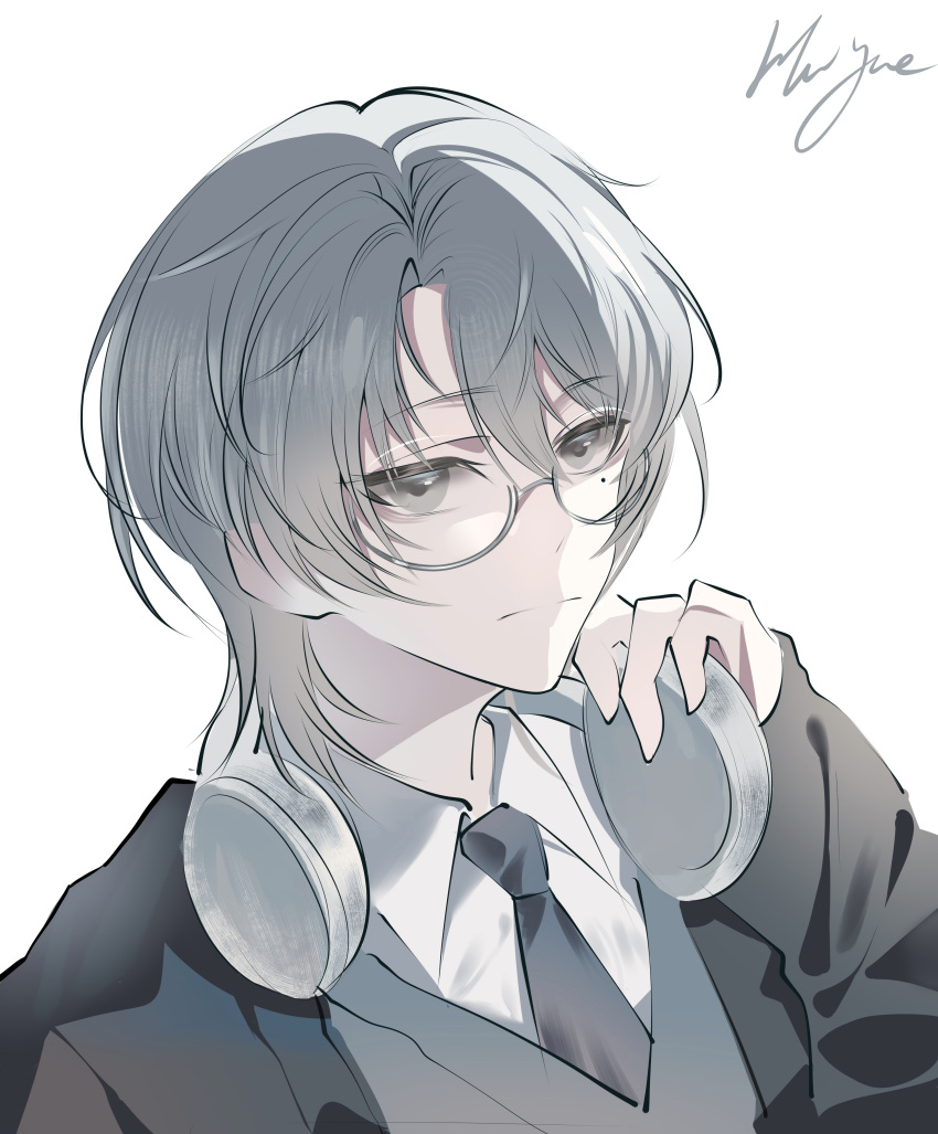 1boy, absurdres, black_jacket, black_necktie, closed_mouth, collared_shirt, grey_hair, grey_vest, hair_between_eyes, headphones, headphones_around_neck, highres, hui_yue, jacket, liu_qingcheng, male_focus, mole, mole_under_eye, necktie, open_clothes, open_jacket, portrait, semi-rimless_eyewear, shirt, short_hair, signature, simple_background, sleeves_past_wrists, solo, touqi_guaitan, vest, white-framed_eyewear, white_background, white_shirt