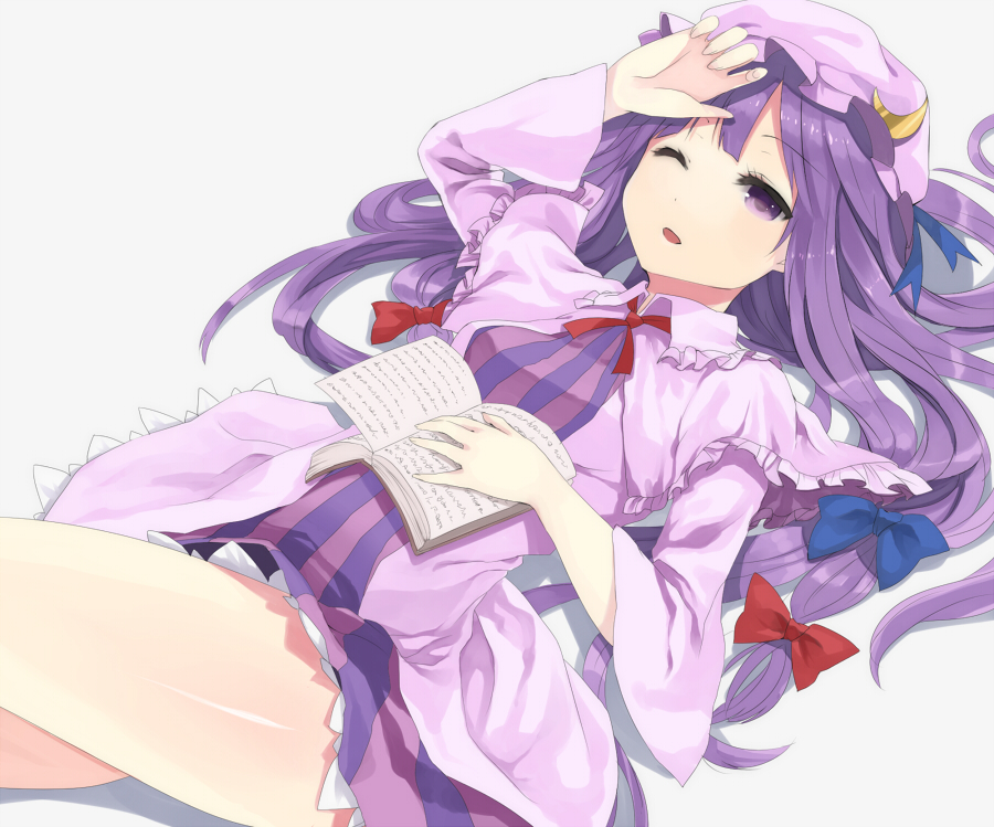crescent, crescent_moon, hat, kurasawa_moko, long_hair, lying, patchouli_knowledge, purple_eyes
