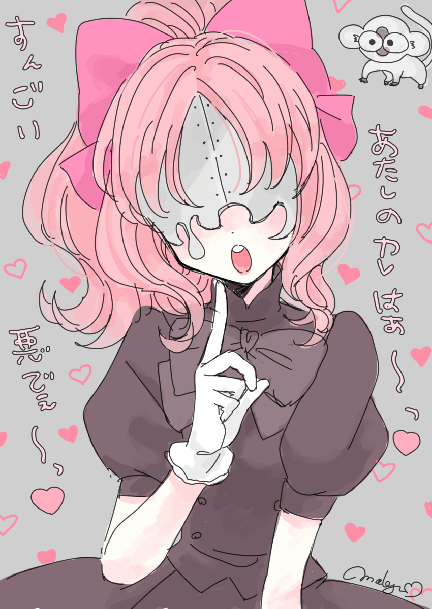 1girl, aligula, black_dress, blindfold, bow, dot_nose, dress, facing_viewer