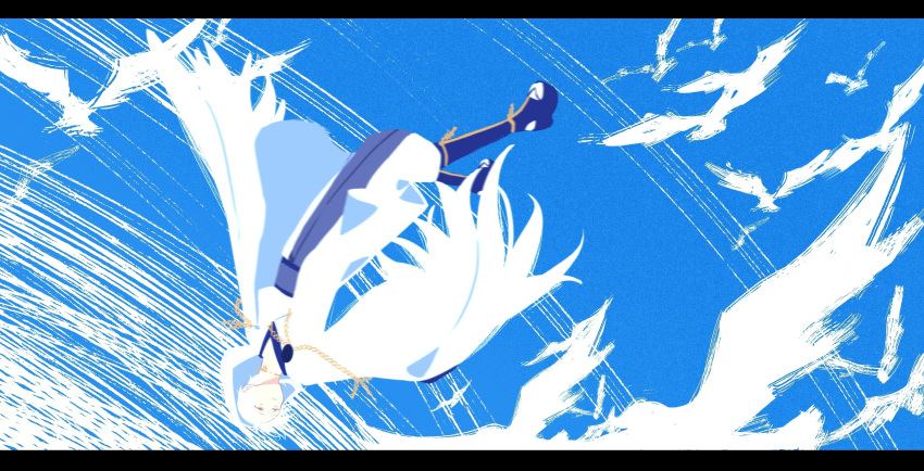 1boy, absurdres, armor, bird, black_border, blue_sky, border, chain