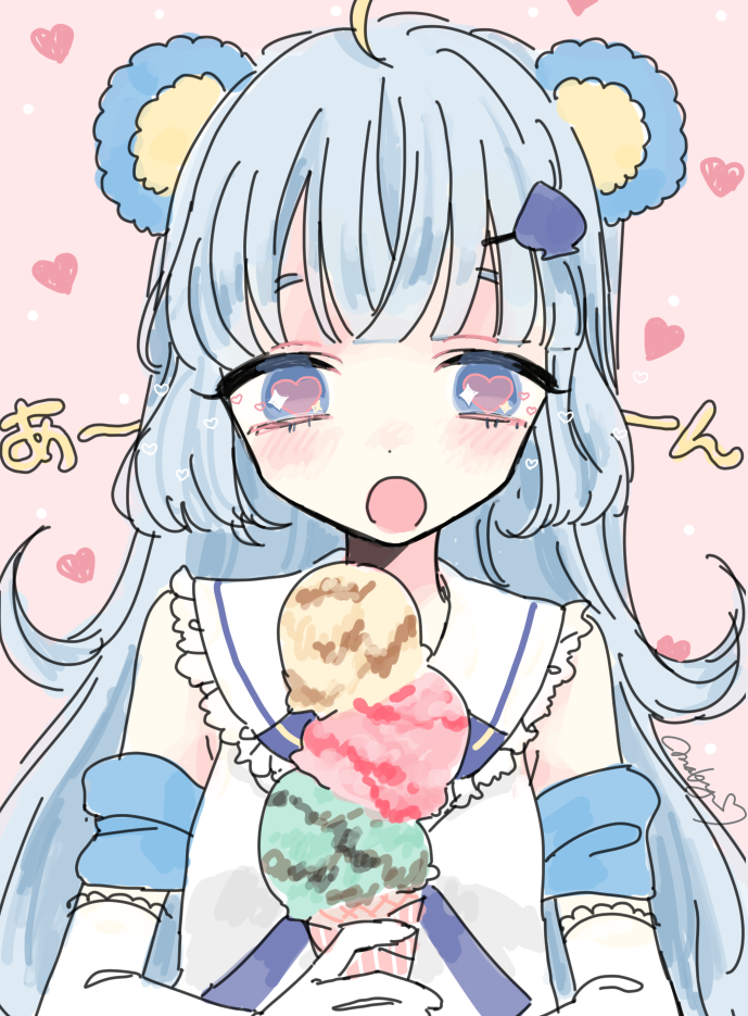 1girl, ahoge, animal_ears, bear_ears, blue_eyes, blue_hair, blush, detached_sleeves