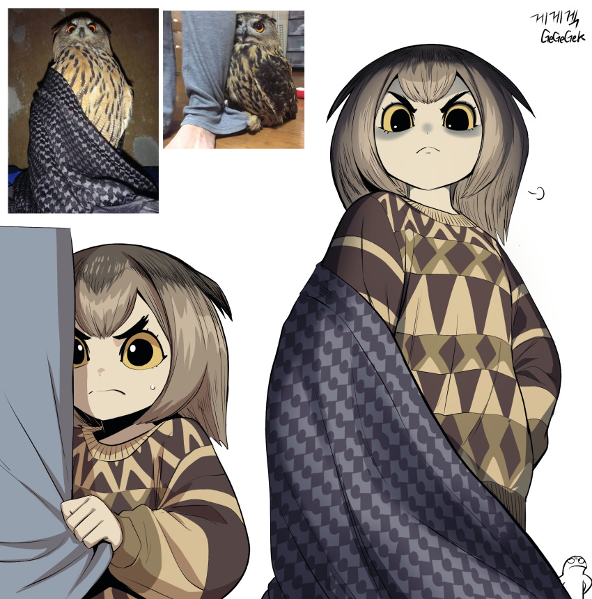 1girl, :<, bird, bird_girl, blanket, brown_hair, creature_and_personification, frown