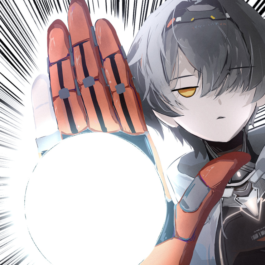 1girl, biden_blast_(meme), black_hairband, black_sports_bra, drawstring, emphasis_lines, energy_ball, english_commentary