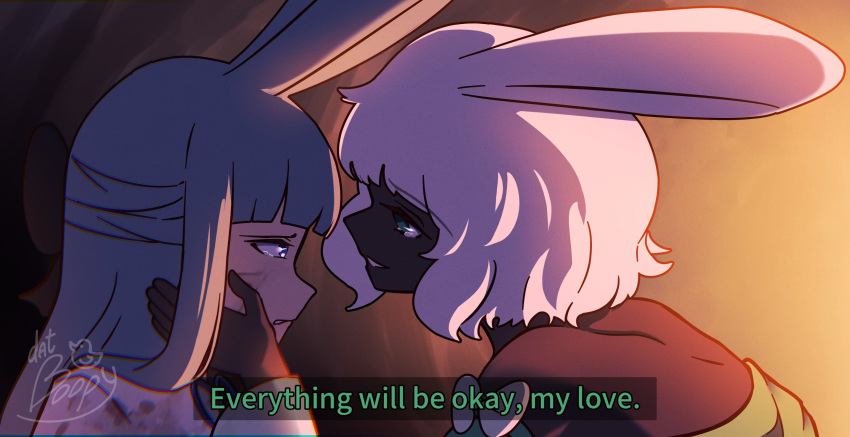 2girls, animal_ears, black_bow, boopy_(datboopy), bow, capelet, commentary, dancer_rabbit