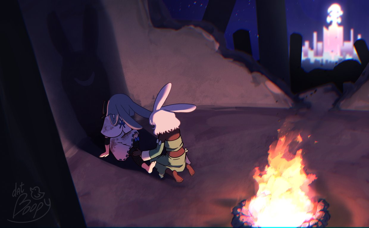 2girls, animal_ears, barefoot, boopy_(datboopy), campfire, capelet, castle, commentary