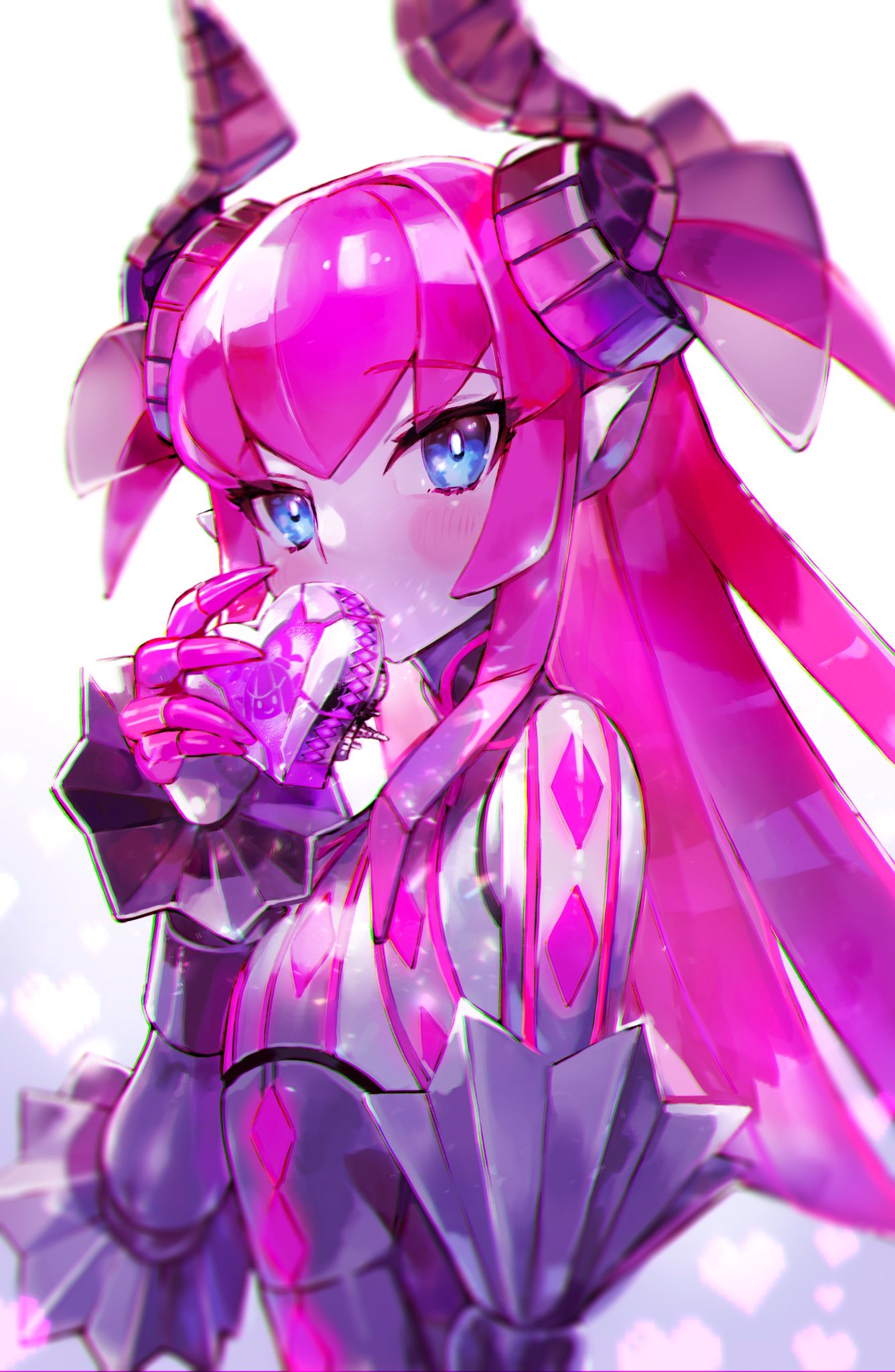 1girl, blue_eyes, blush, claws, curled_horns, dragon_horns, elizabeth_bathory_(fate), fate/grand_order, fate_(series), hand_up, heart, highres, holding, holding_heart, horns, humanoid_robot, long_hair, looking_at_viewer, mecha_eli-chan_(fate), mecha_musume, mechanical_heart, nekoyashiki_pushio, pink_hair, pointy_ears, robot, solo, three_quarter_view, upper_body