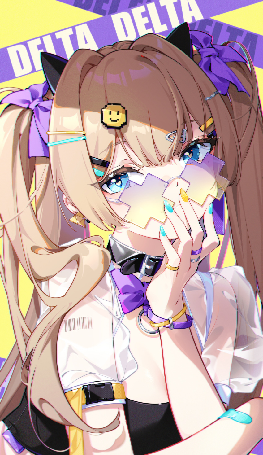 1girl, absurdres, akovo, aqua_nails, belt_collar, blue_eyes, bow, bowtie, brown_hair, collar, commentary, earrings, emoji_hair_ornament, gradient-tinted_eyewear, hair_bow, hair_ornament, hairclip, heart, heart_in_eye, highres, horns, jewelry, looking_at_viewer, mole, mole_under_eye, multicolored_nails, nail_polish, original, purple-tinted_eyewear, purple_bow, purple_bowtie, purple_wristband, ring, solo, symbol-only_commentary, symbol_in_eye, tinted_eyewear, twintails, upper_body, x-shaped_eyewear, x_hair_ornament, yellow-tinted_eyewear, yellow_nails, yellow_wristband