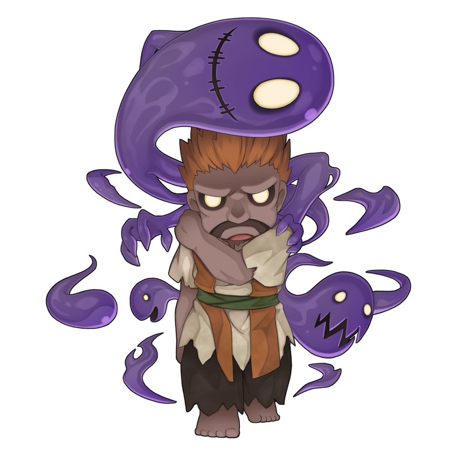 1boy, barefoot, black_pants, black_sclera, brown_hair, chibi, chibi_only, colored_sclera, dark-skinned_male, dark_skin, facial_hair, fallen_bishop_hibram, full_body, ghost, green_sash, looking_at_viewer, male_focus, mustache, no_pupils, official_art, open_mouth, pants, possessed, ragnarok_online, sash, shirt, simple_background, solo, spiky_hair, torn_clothes, torn_shirt, transparent_background, white_shirt, yellow_eyes, yuichirou