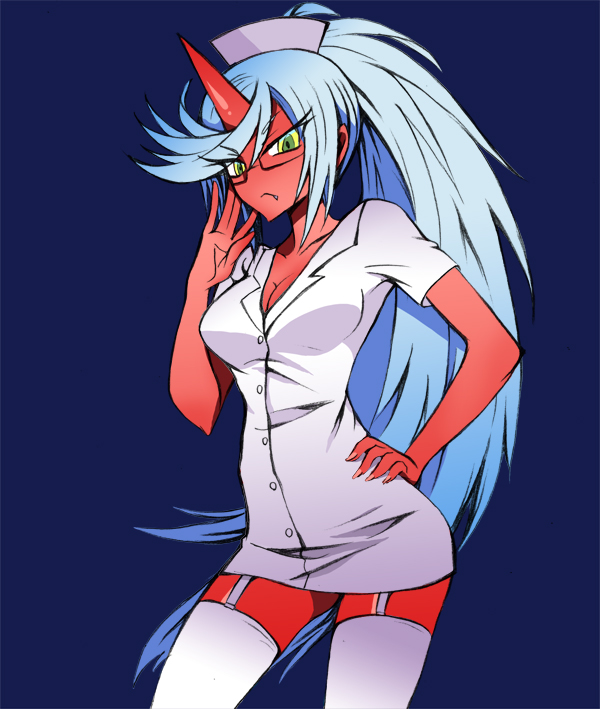blue_hair, breasts, bun-o, cleavage, demon_girl, fang, garter_straps, garters