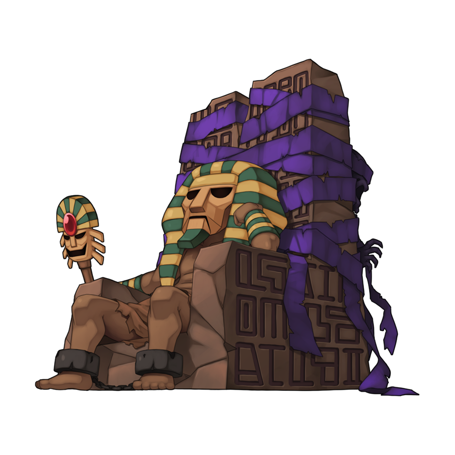 1boy, amon_ra_(ragnarok_online), bandages, chain, chibi, chibi_only, cuffs, dark-skinned_male, dark_skin, egyptian, full_body, holding, holding_staff, male_focus, official_art, pharaoh, ragnarok_online, simple_background, sitting, solo, staff, throne, transparent_background, undead, yuichirou