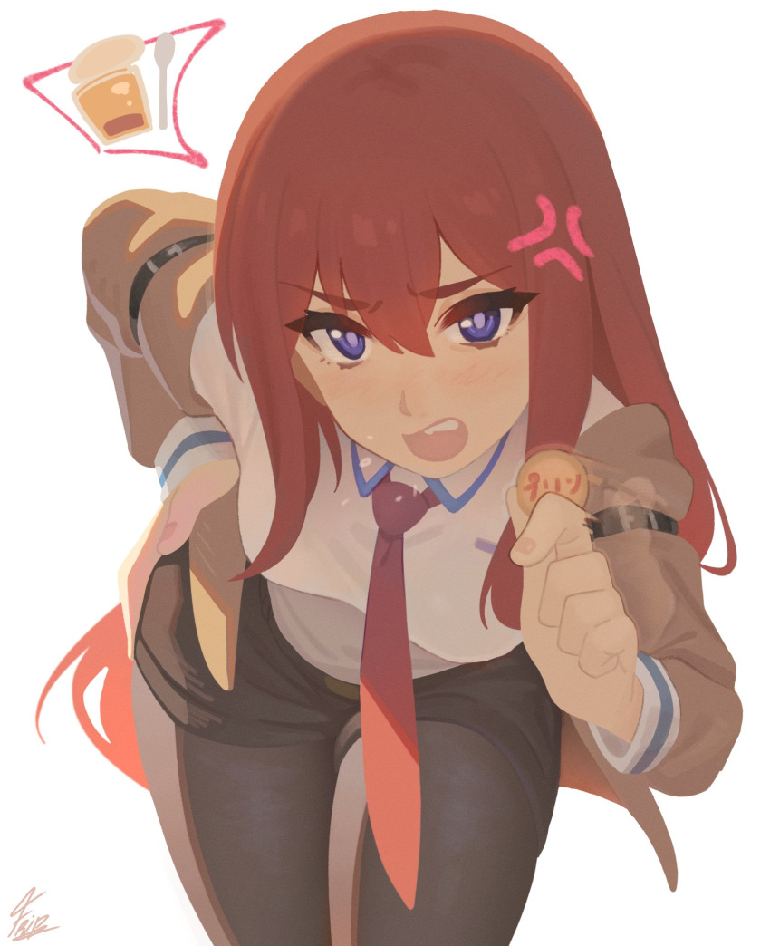 anger_vein, black_shorts, blue_eyes, breasts, brown_hair, brown_jacket, food, hand_on_own_hip, highres, jacket, leaning_forward, long_hair, makise_kurisu, medium_breasts, necktie, pantyhose, pantyhose_under_shorts, pudding, red_necktie, shirt, short_shorts, shorts, simple_background, sleepy_frippy, steins;gate, thighs, white_shirt