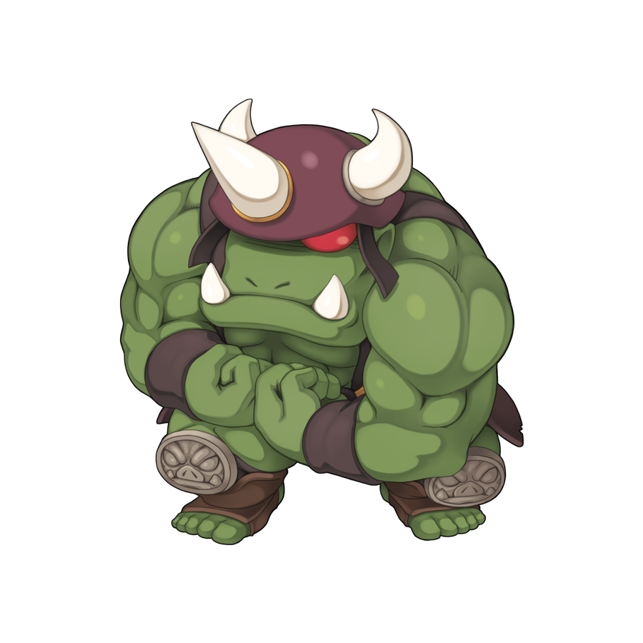 1boy, brown_footwear, chibi, chibi_only, clenched_hands, closed_mouth, colored_sclera, colored_skin, fake_horns, frown, full_body, green_skin, helmet, horned_helmet, horns, looking_at_viewer, male_focus, muscular, muscular_male, no_pupils, official_art, orc, orc_lord, ragnarok_online, red_sclera, sandals, simple_background, solo, suspenders, topless_male, transparent_background, tusks, yuichirou