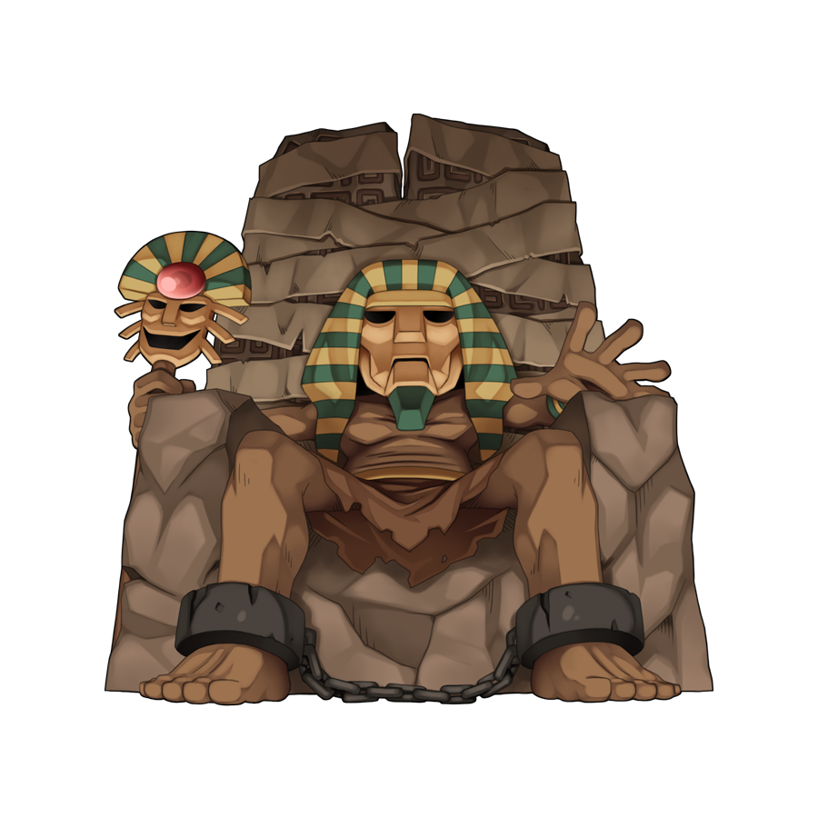 1boy, amon_ra_(ragnarok_online), bandages, brown_tunic, chain, chibi, chibi_only, cuffs, dark-skinned_male, dark_skin, egyptian, egyptian_clothes, full_body, holding, holding_staff, male_focus, official_art, pharaoh, ragnarok_online, simple_background, sitting, solo, staff, throne, transparent_background, tunic, yuichirou