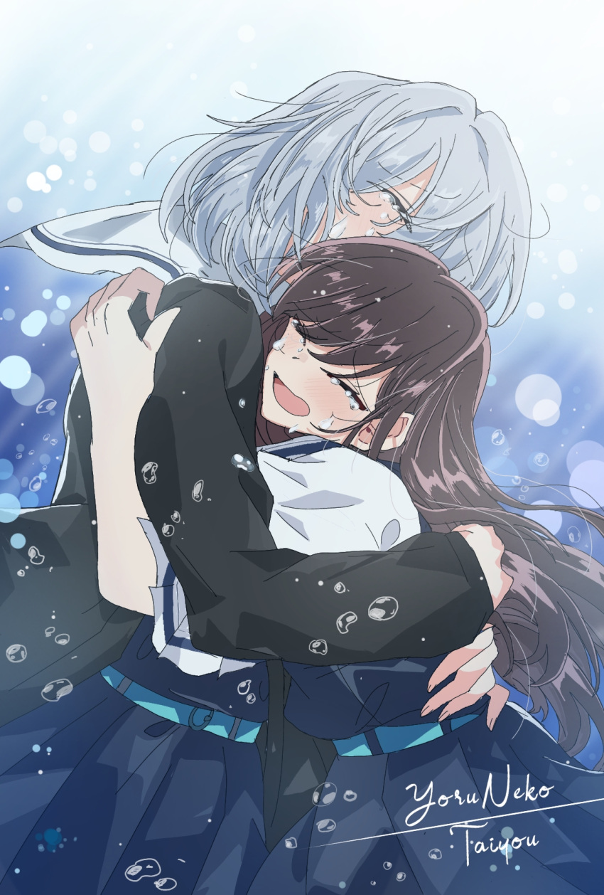 2girls, asaka_kaori, belt, black_cardigan, blue_belt, brown_hair, cardigan, closed_eyes