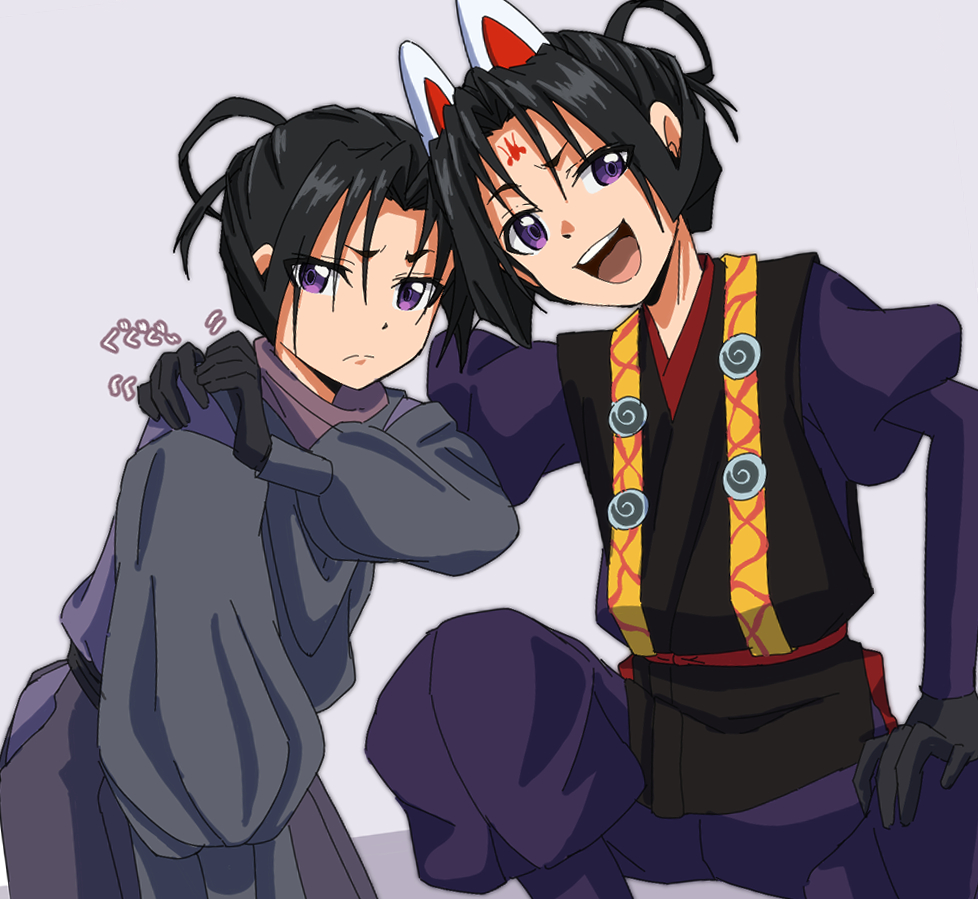 2boys, :d, alternate_hairstyle, animal_ears, arm_around_shoulder, black_gloves, black_hair, bow-shaped_hair