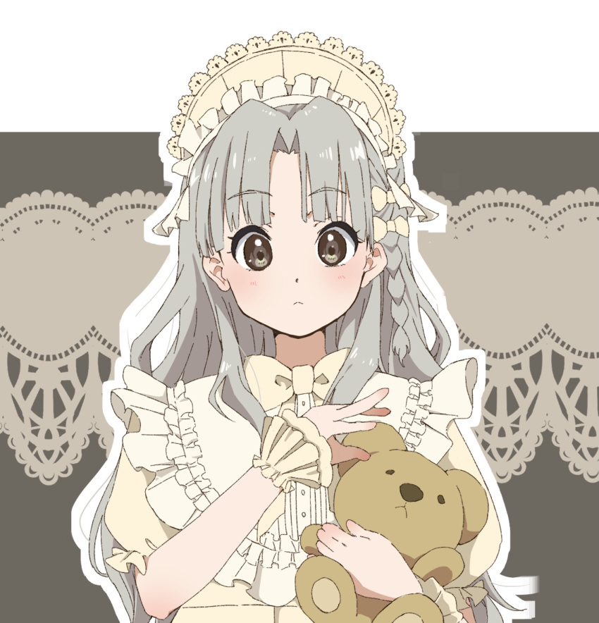 1girl, 22/7, blush, bow, bowtie, braid, closed_mouth, dress