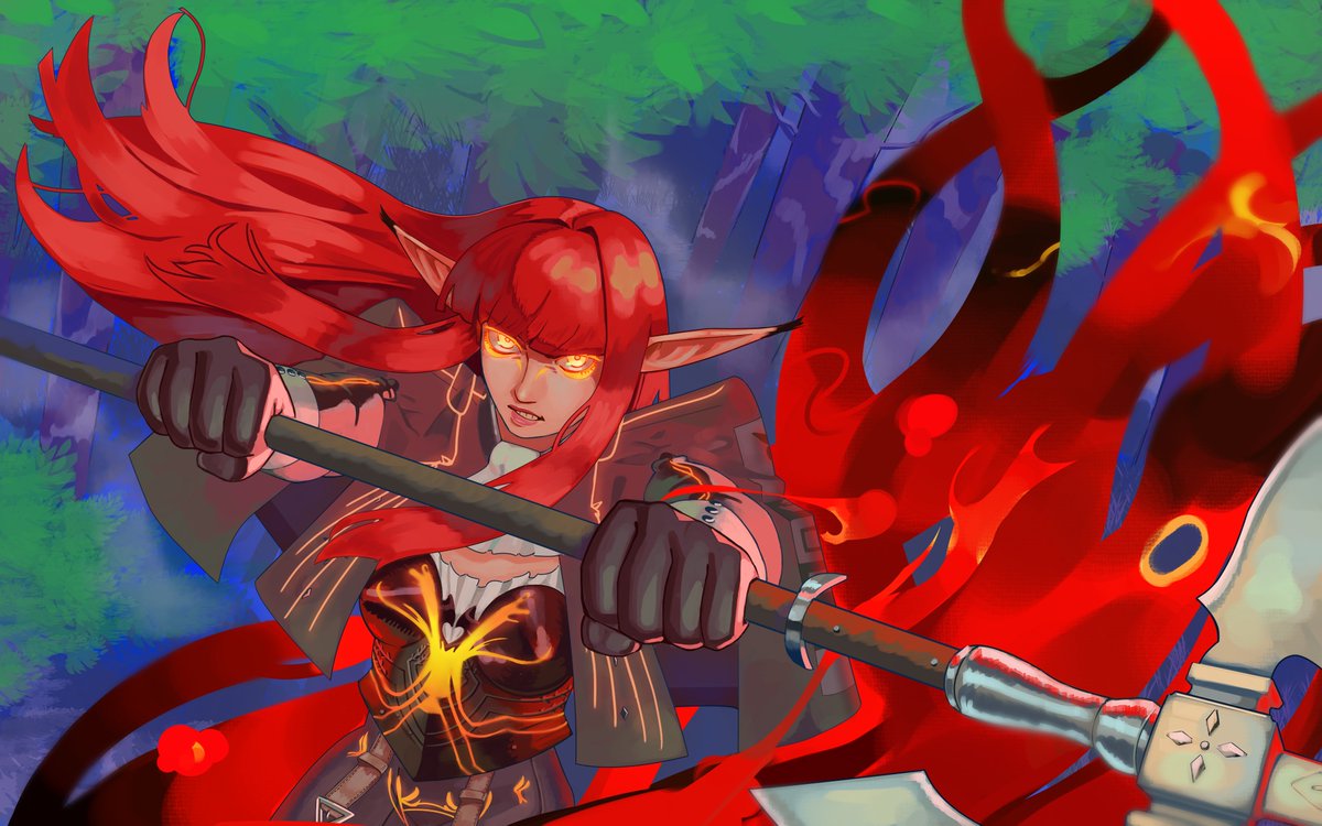 1girl, angry, armor, ascot, black_gloves, blunt_bangs, breastplate, clenched_teeth, commission, gloves, glowing, glowing_eyes, glowing_markings, halberd, hime_cut, holding, holding_polearm, holding_weapon, hulkenberg_(metaphor:_refantazio), jumboiiii, long_hair, long_pointy_ears, looking_at_viewer, mark_under_both_eyes, metaphor:_refantazio, neon_trim, pointy_ears, polearm, redhead, solo, teeth, weapon, white_ascot, yellow_eyes