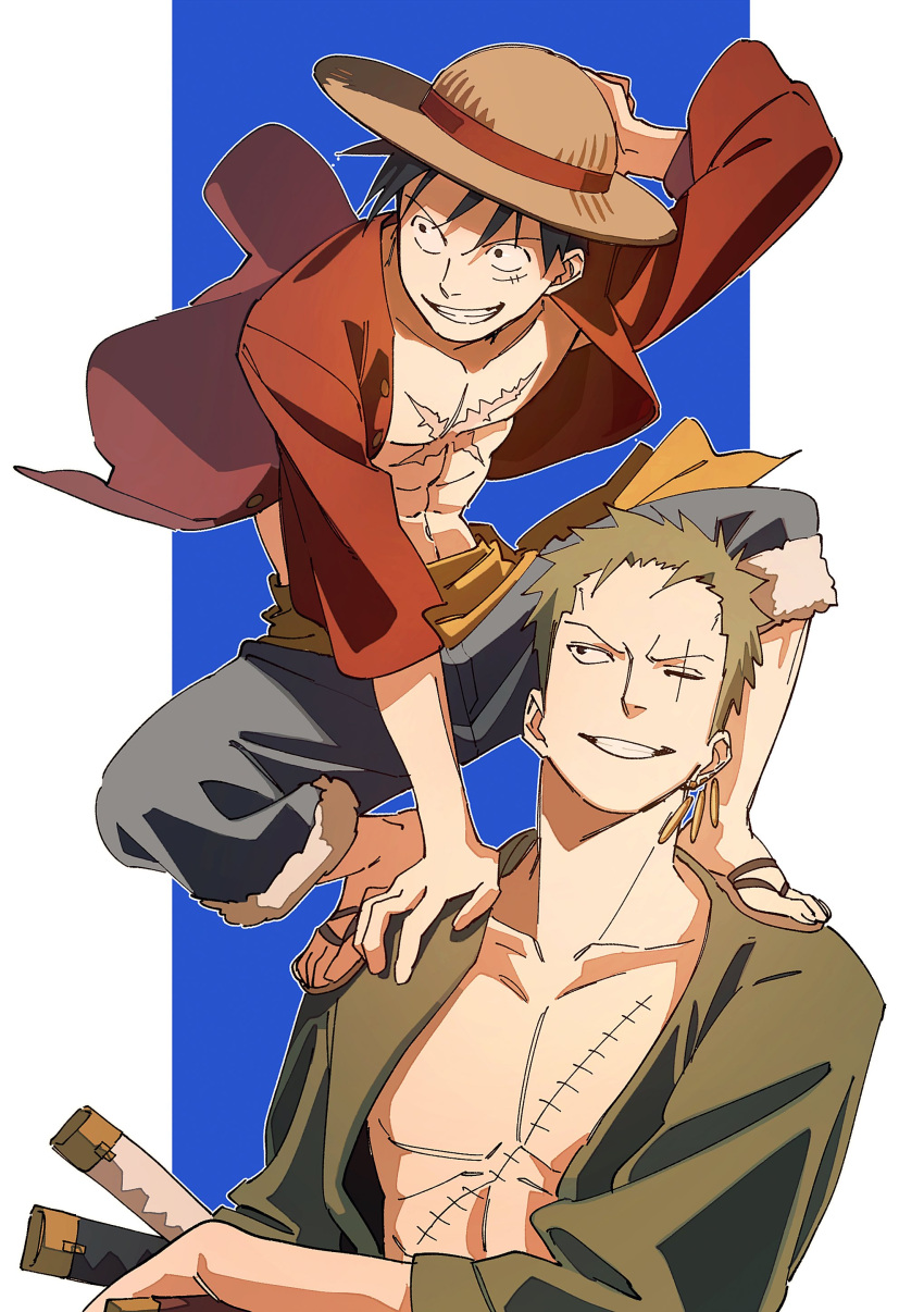 2boys, absurdres, black_hair, blue_background, green_hair, green_kimono, grey_shorts, grin