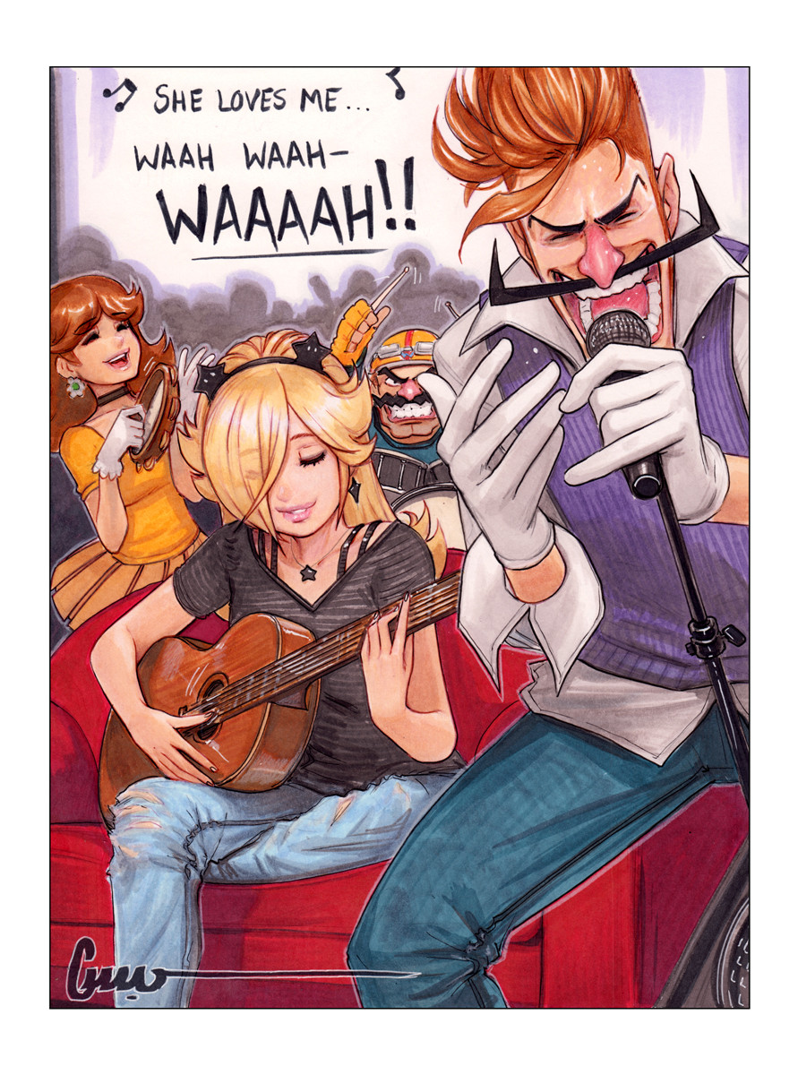 2boys, 2girls, acoustic_guitar, big_nose, black_choker, black_hairband, blue_pants, brown_hair