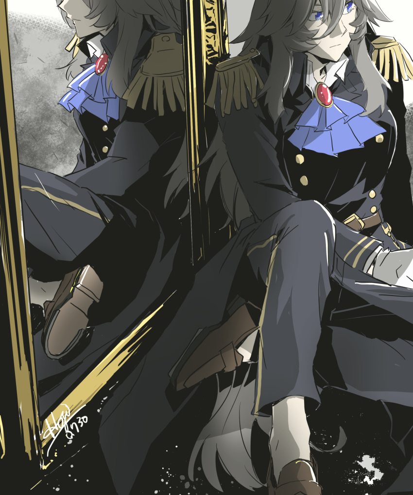 1girl, akiduki_(gundogs), artist_name, ascot, belt, black_coat, black_pants, blue_ascot