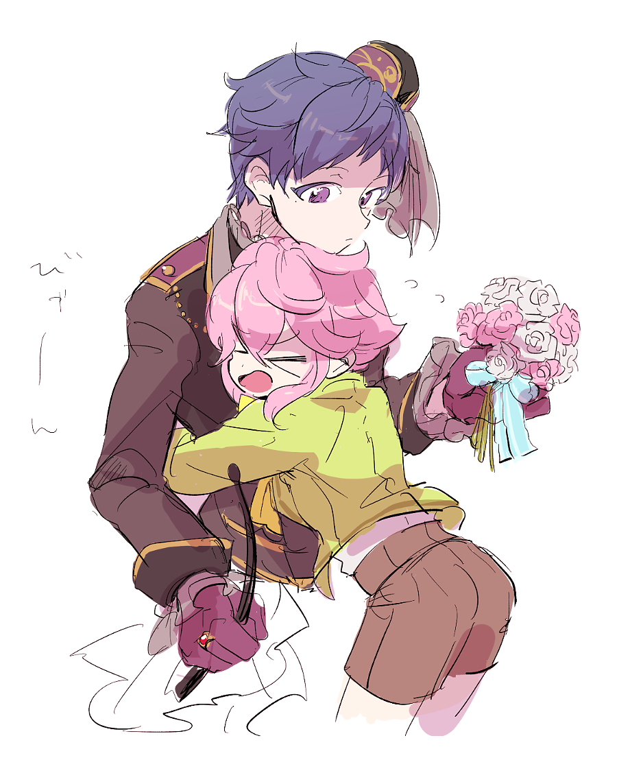 >_<, 2boys, bouquet, cropped_legs, cropped_torso, ensemble_stars!, flower, flying_sweatdrops