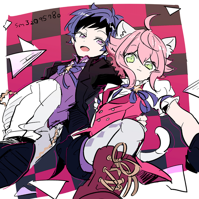 2boys, :3, androgynous, animal_ears, artist_name, bishounen, cat_ears, checkered_background