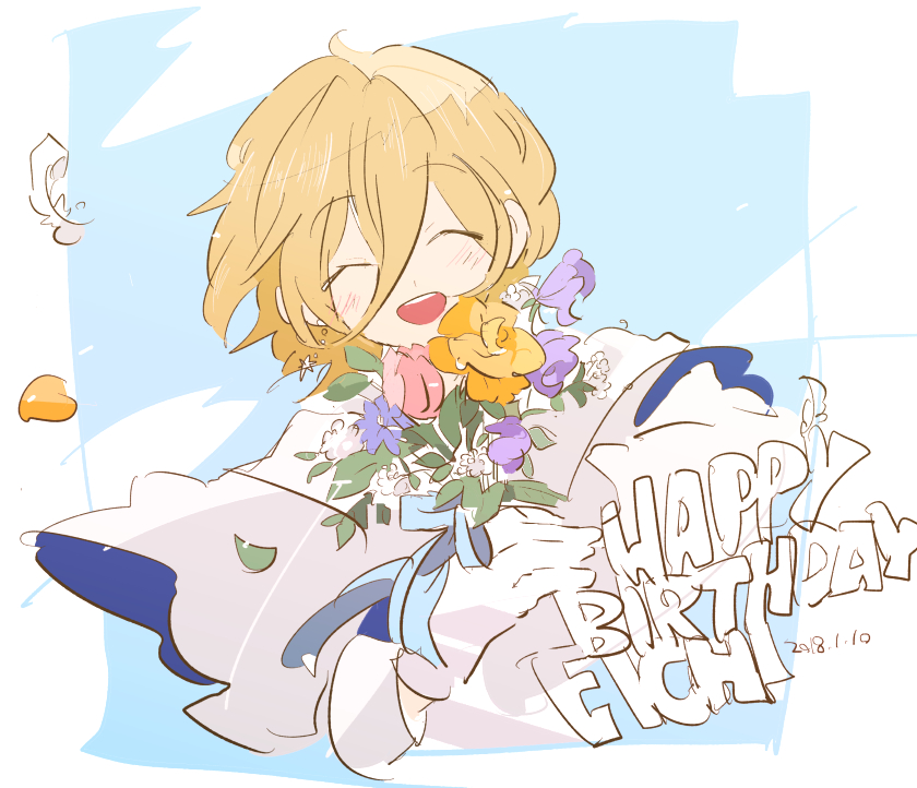 1boy, 2018, :d, ^_^, blue_background, border, bouquet, capelet