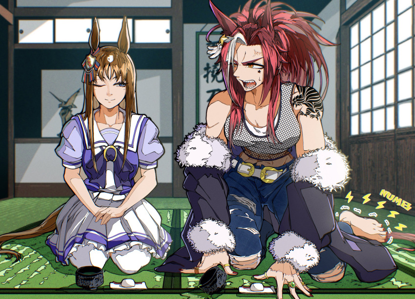 2girls, absurdres, anger_vein, animal_ears, belt, blue_eyes, bow, brown_hair
