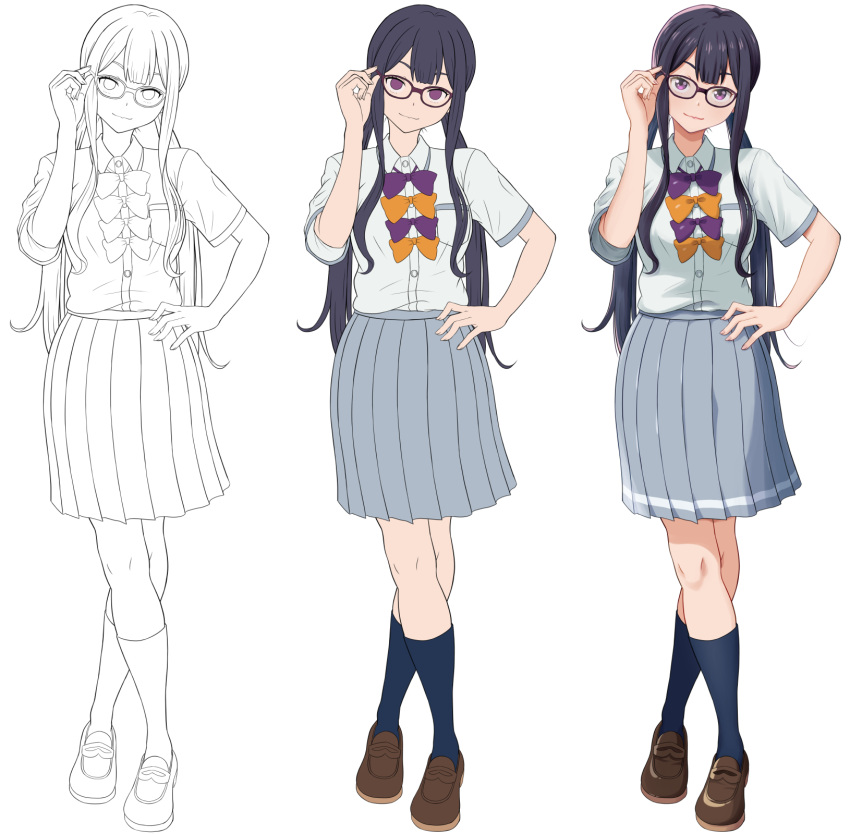 1girl, adjusting_eyewear, black_hair, bow, breasts, brown_footwear, crossed_legs, glasses