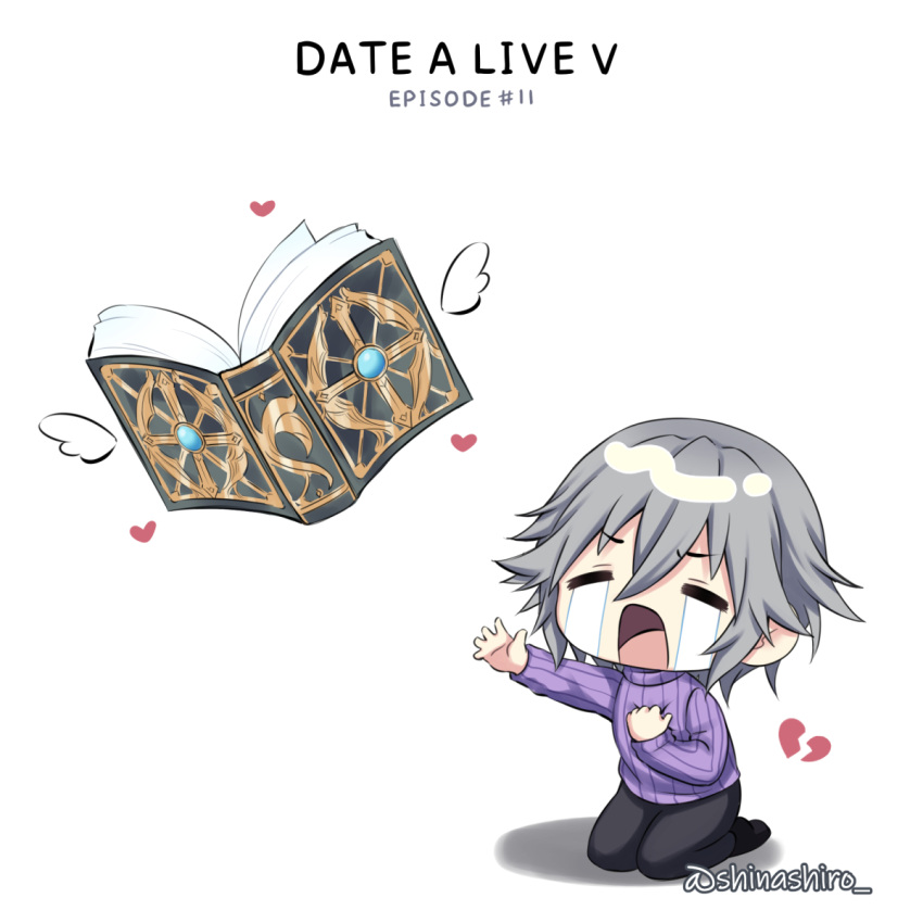1girl, book, broken_heart, chibi, closed_eyes, crying, date_a_live, grey_hair