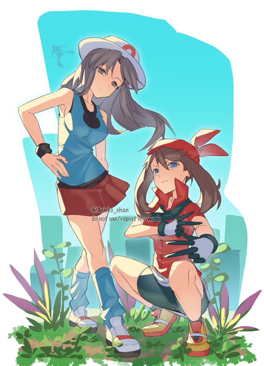 2girls, aqua_shirt, ariekochan, bandana, black_shorts, blue_eyes, breasts, brown_eyes