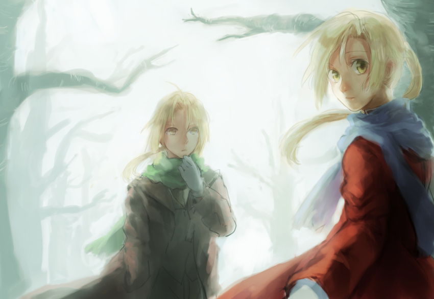 alphonse_elric, blonde_hair, brothers, coat, edward_elric, forest, fullmetal_alchemist, gloves