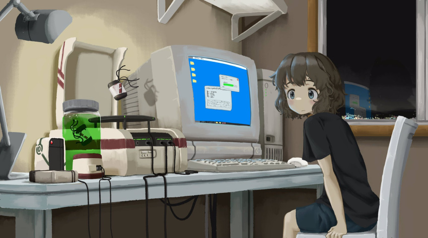1girl, black_hair, black_shirt, blue_eyes, blush, cable, chair, closed_mouth