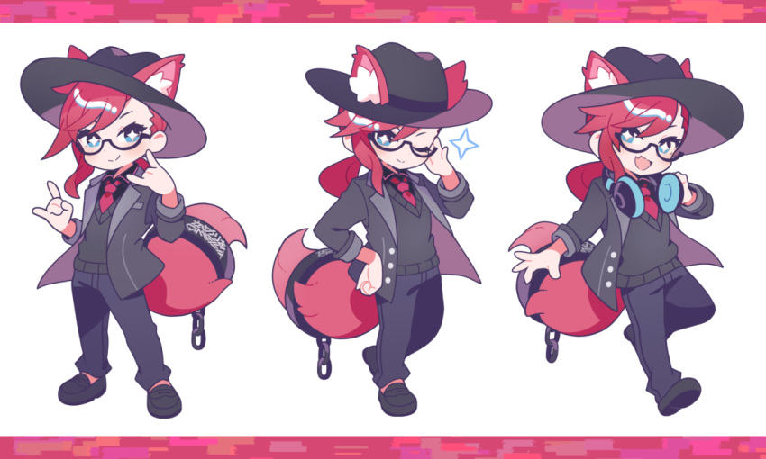1boy, androgynous, animal_ears, bishounen, blue_eyes, camellia_(cametek), camellia_(musician), chain, commentary_request, formal, fox_boy, fox_ears, fox_tail, full_body, glasses, hat, headphones, headphones_around_neck, kanyoko_(yuzukano_17), long_hair, male_focus, multiple_views, necktie, official_art, ponytail, redhead, reference_sheet, sparkle, sparkling_eyes, suit, tail, white_background