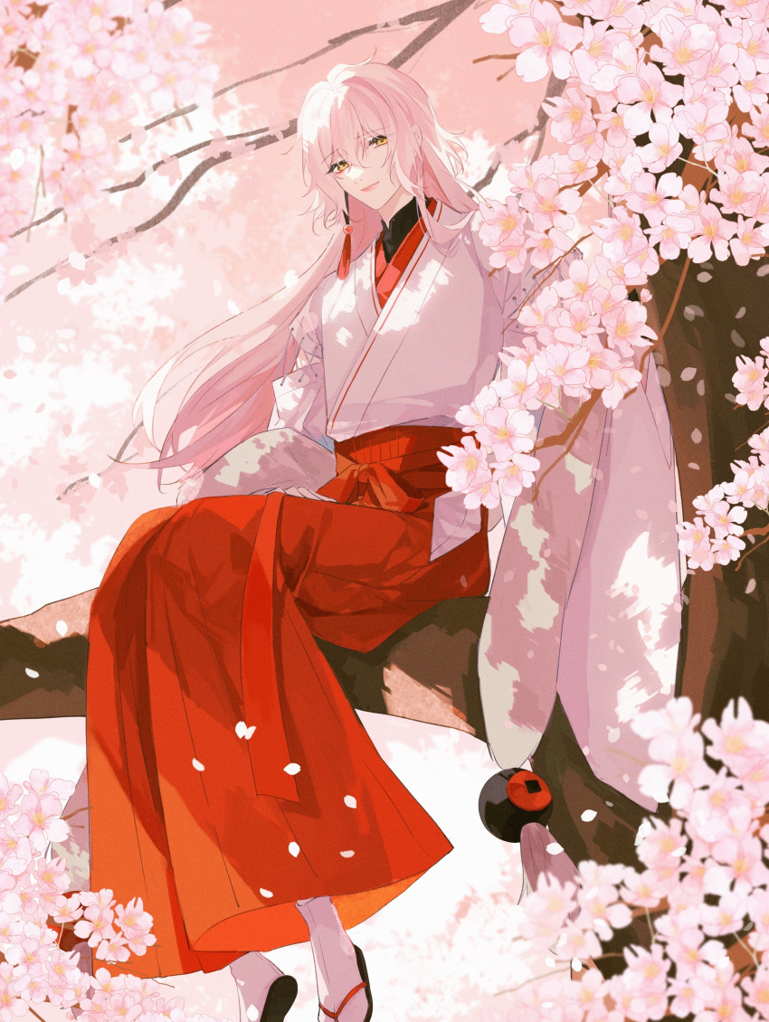 1boy, absurdres, alternate_costume, alternate_hair_length, alternate_hairstyle, androgynous, black_shirt, cherry_blossoms