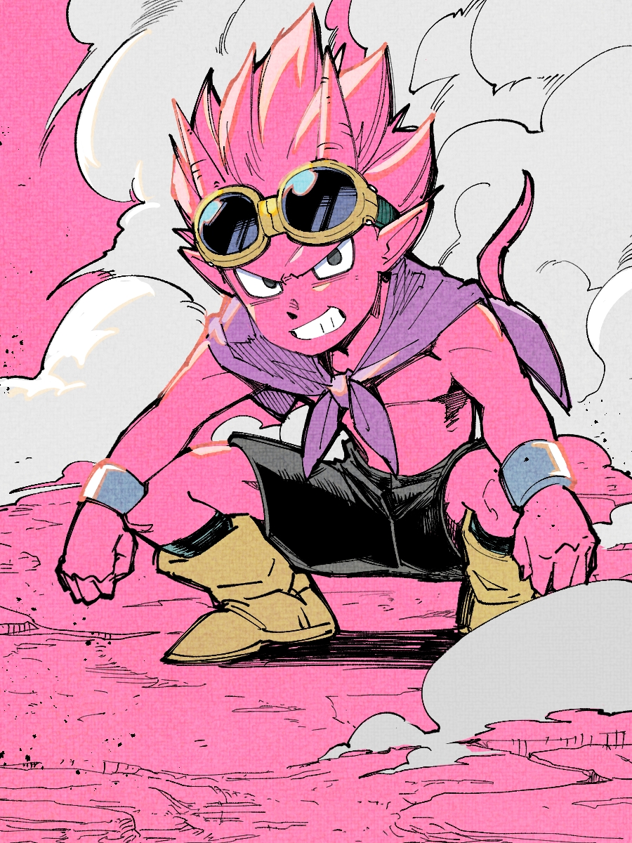 1boy, beelzebub_(sand_land), black_footwear, colored_skin, demon, demon_horns, dust, full_body