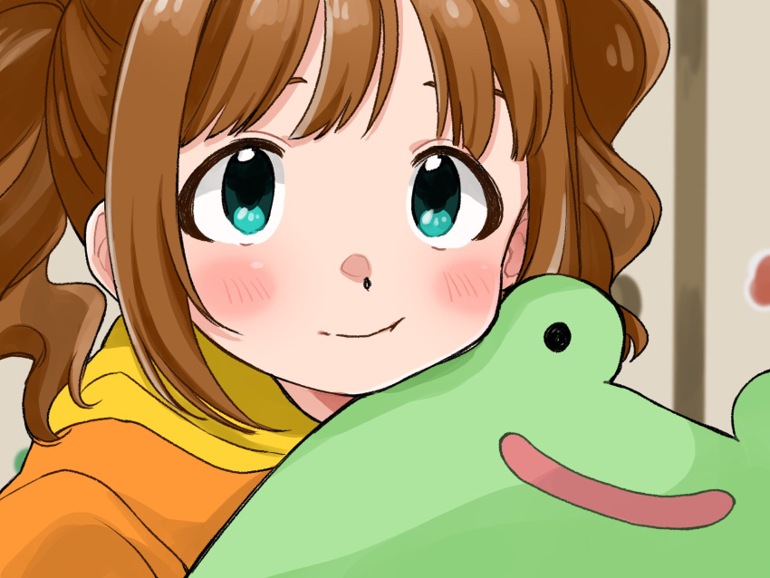 1girl, aqua_eyes, blush, brown_hair, close-up, closed_mouth, highres, holding
