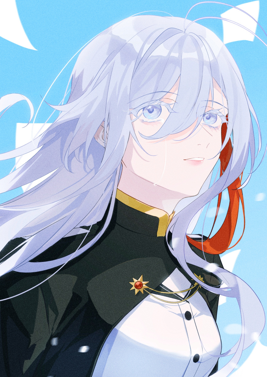 1girl, 86_-eightysix-, absurdres, antenna_hair, black_jacket, blue_background, blue_eyes, breasts