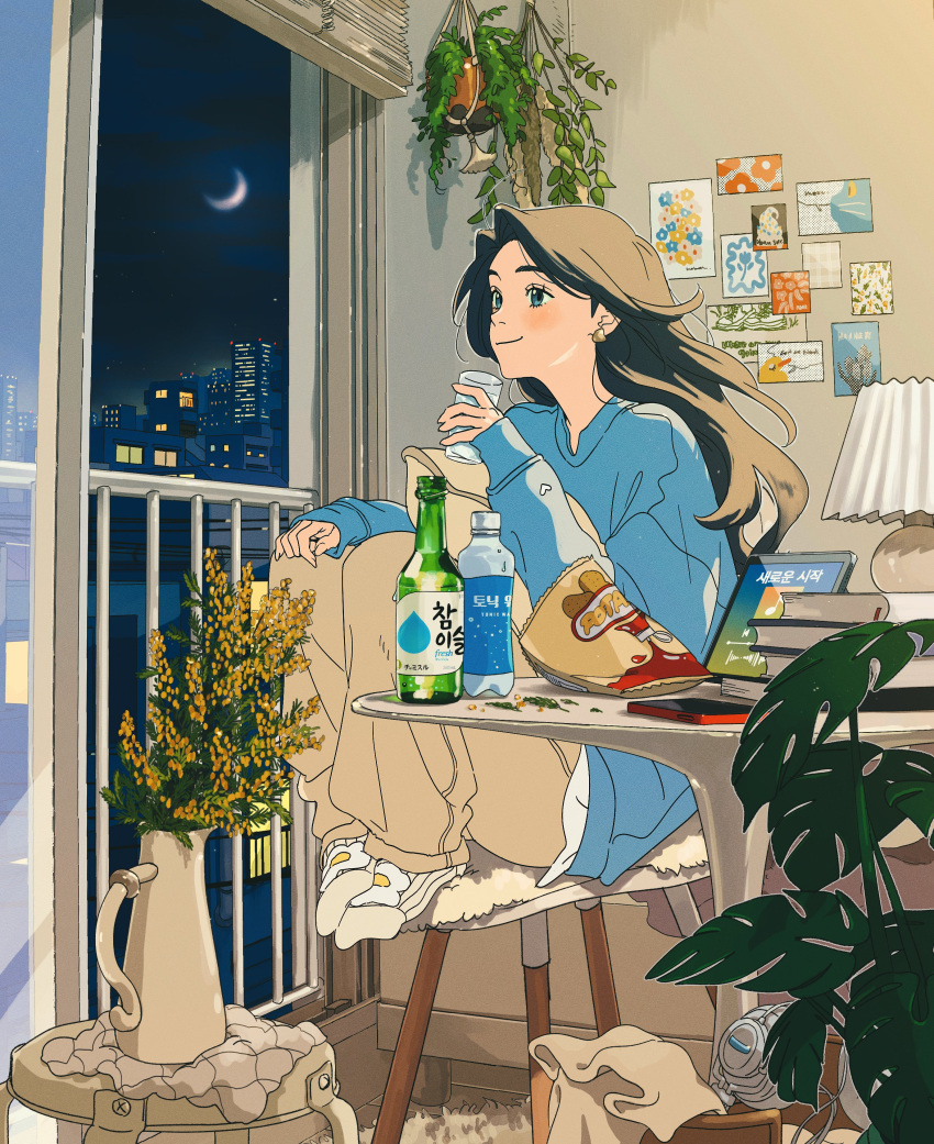 1girl, \||/, absurdres, alcohol, all_nobori, bag_of_chips, black_hair, blue_eyes