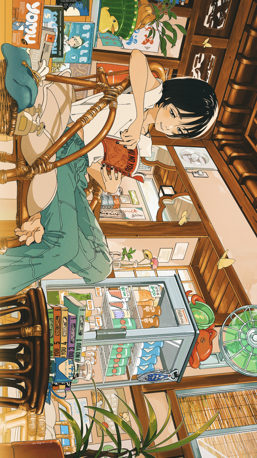 1girl, absurdres, all_nobori, bamboo_screen, barefoot, black_bra, black_hair, black_nails