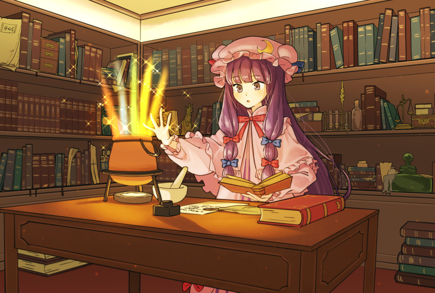 1girl, alchemy, balance_scale, book, book_stack, bookshelf, bottle, bow