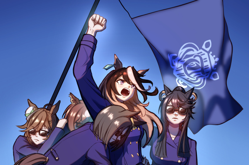 2024_attempted_assassination_of_donald_trump, 5girls, :o, air_groove_(umamusume), animal_ears, black-framed_eyewear, black_hair, blue_background, blue_coat, bow, brown_hair, buttons, coat, double-breasted, ear_bow, earrings, hair_between_eyes, hair_ornament, hairclip, hat, highres, hiroto_xiangshaozhu, horse_ears, horse_girl, horse_tail, jewelry, long_hair, long_sleeves, mini_hat, mini_top_hat, mr._c.b._(umamusume), multicolored_hair, multiple_girls, narita_brian_(umamusume), ponytail, school_uniform, short_hair, simple_background, single_earring, sirius_symboli_(umamusume), streaked_hair, symboli_rudolf_(umamusume), tail, tail_through_clothes, tilted_headwear, top_hat, tracen_school_uniform, tracen_winter_coat, umamusume, violet_eyes, white_hair, white_hat, yellow_bow