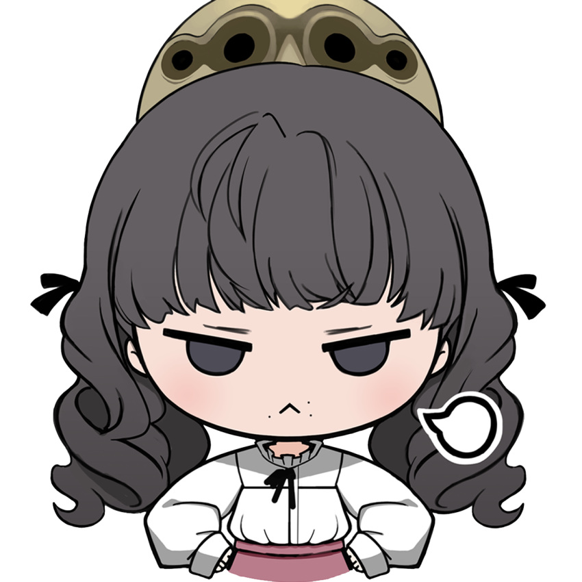 1girl, :<, black_eyes, black_ribbon, brown_hair, chibi, chibi_only, commentary_request